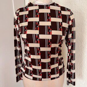 Vtg 70s 80s 90s Mod Geometric Brown Cream stretch long sleeve shirt women med sm